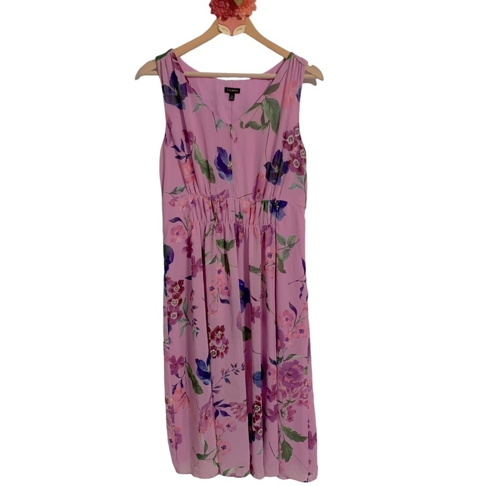 Talbots pink floral ruched waist sleeveless v neck midi dress size 10